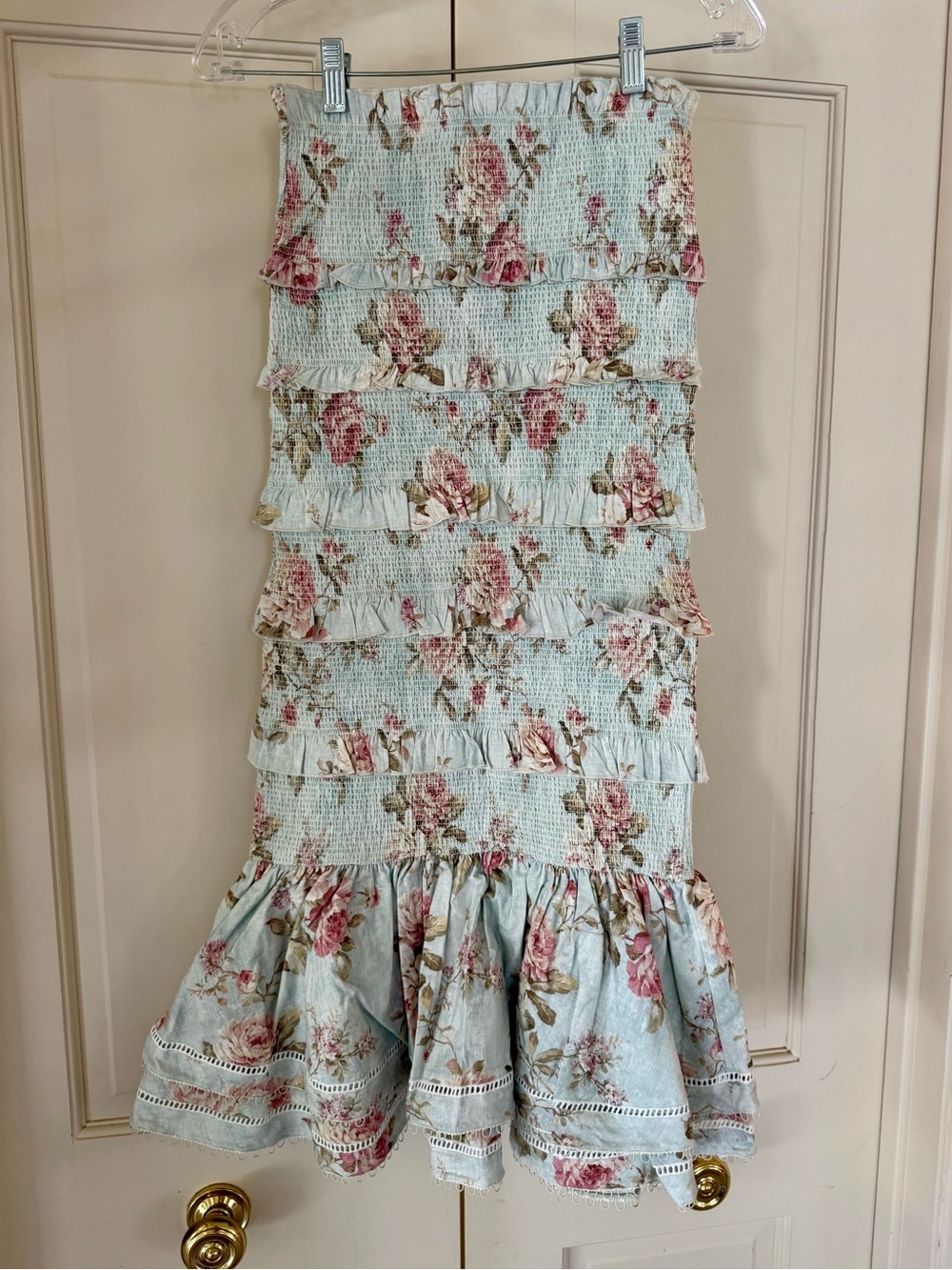 V. Chapman Light Blue Floral Smocked Midi Skirt with Ruffle Hem - NWT